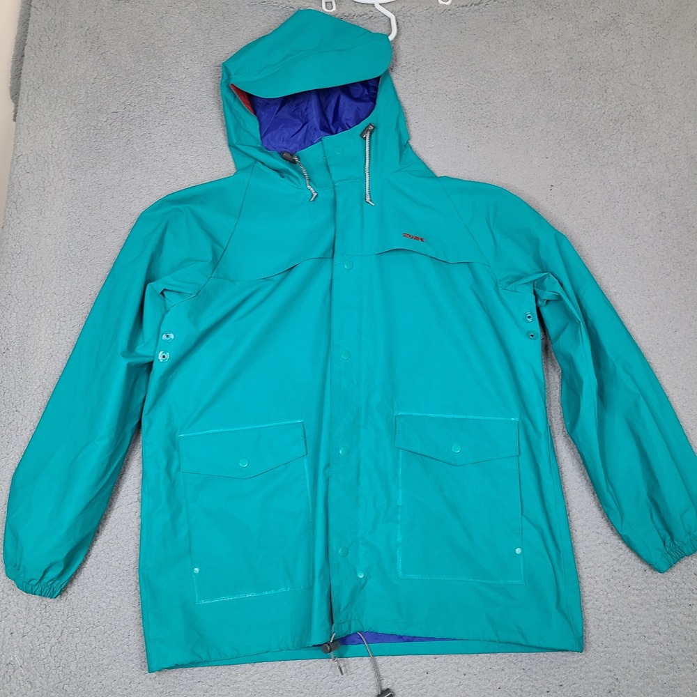 Vintage Stearns Dry‎ Wear Raincoat Mens Large Teal Blue Hooded Jacket PVC Nylon